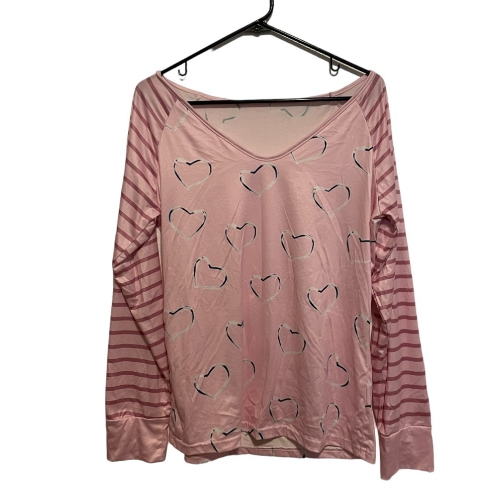 Pink Heart Striped Sleeve Long Sleeve Top